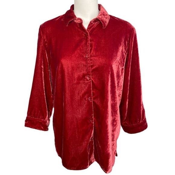 Coldwater Creek Petite Shirt Top Women's MEDIUM PM Red Button-Front Soft Velour - Picture 1 of 8